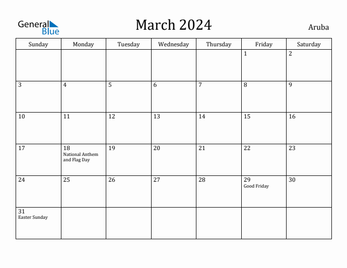 March 2024 Calendar Aruba