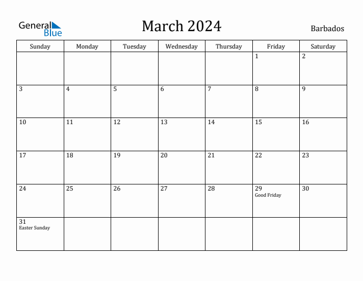 March 2024 Calendar Barbados