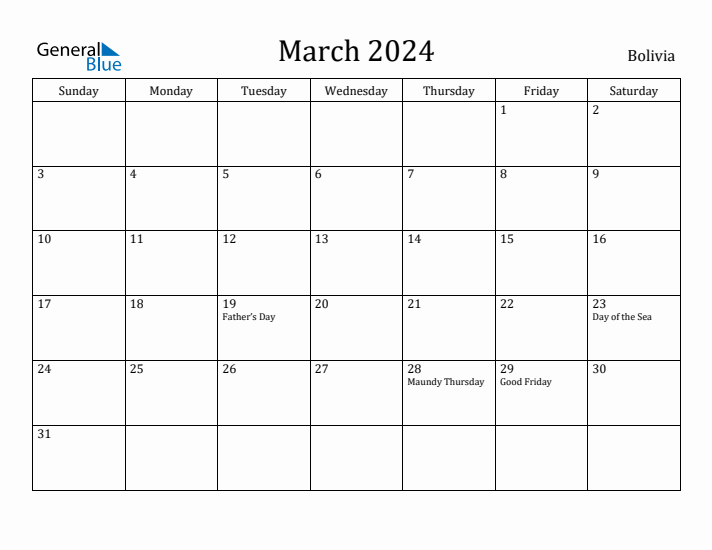 March 2024 Calendar Bolivia