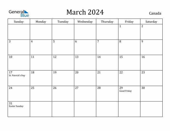 March 2024 Calendar Canada