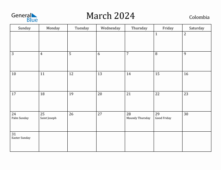 March 2024 Calendar Colombia