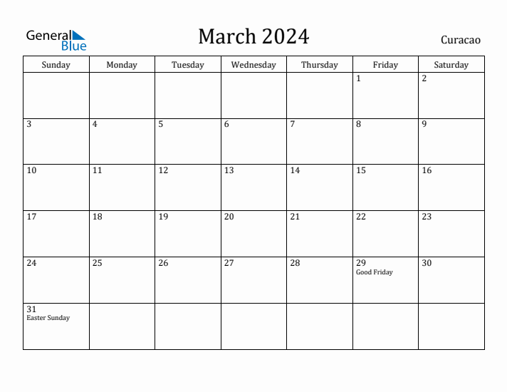 March 2024 Calendar Curacao