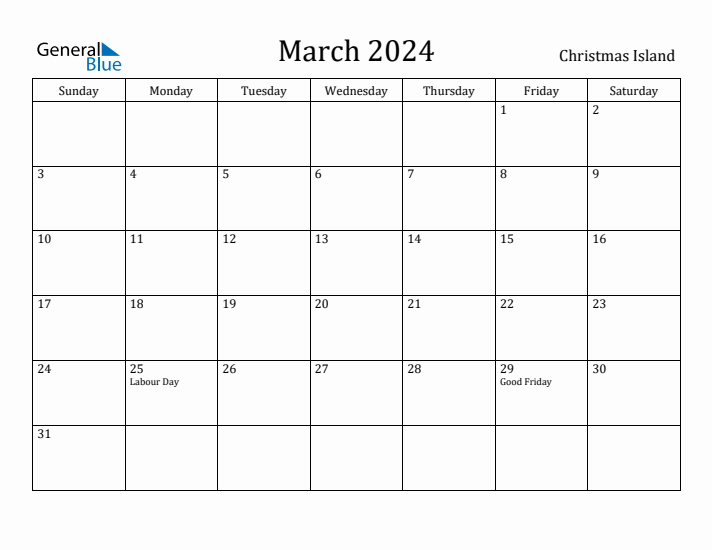 March 2024 Calendar Christmas Island