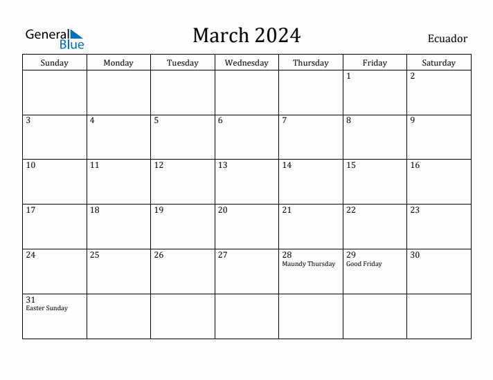 March 2024 Calendar Ecuador