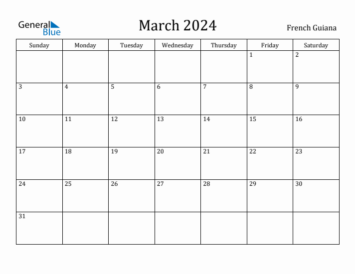 March 2024 Calendar French Guiana