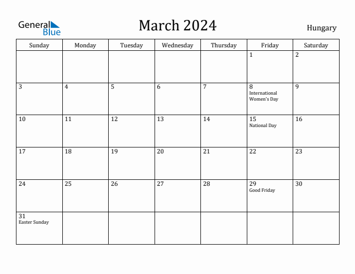 March 2024 Calendar Hungary