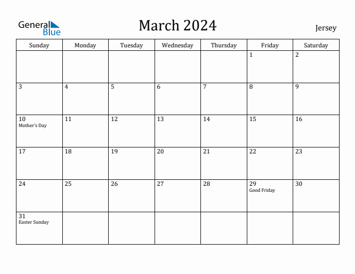 March 2024 Calendar Jersey