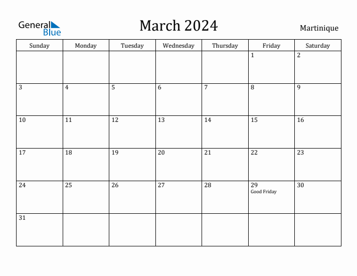 March 2024 Calendar Martinique