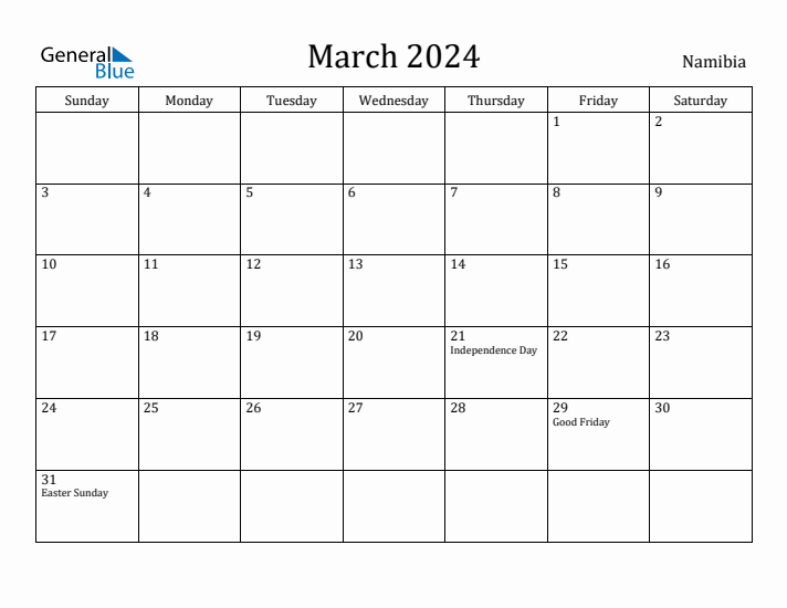 March 2024 Calendar Namibia