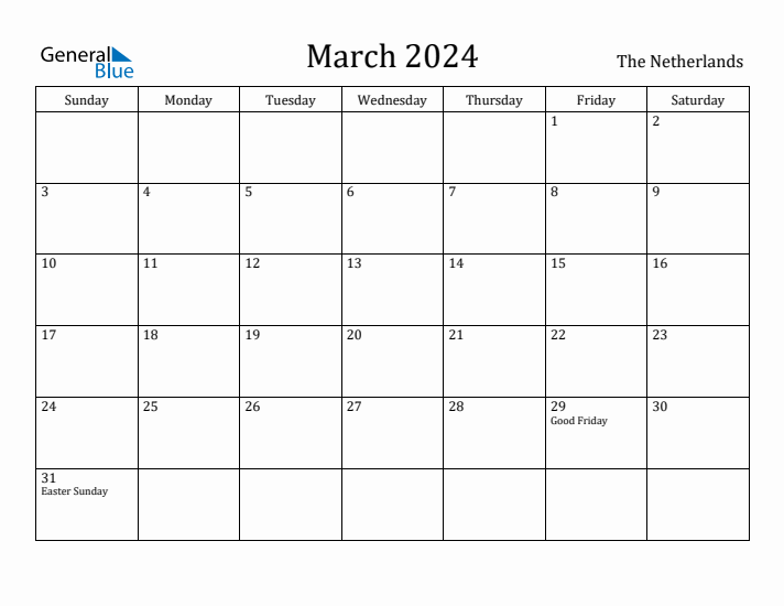 March 2024 Calendar The Netherlands