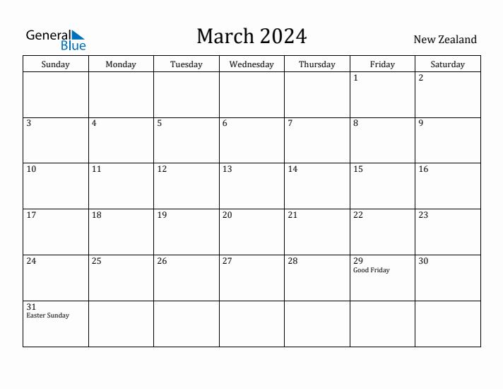 March 2024 Calendar New Zealand