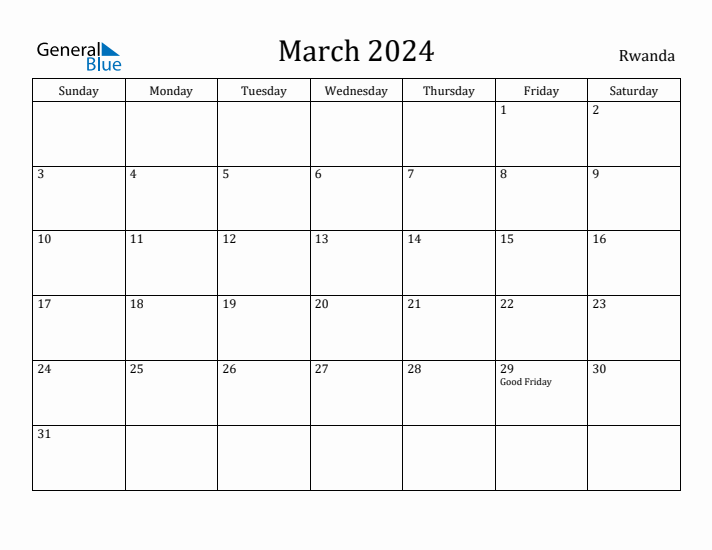 March 2024 Calendar Rwanda