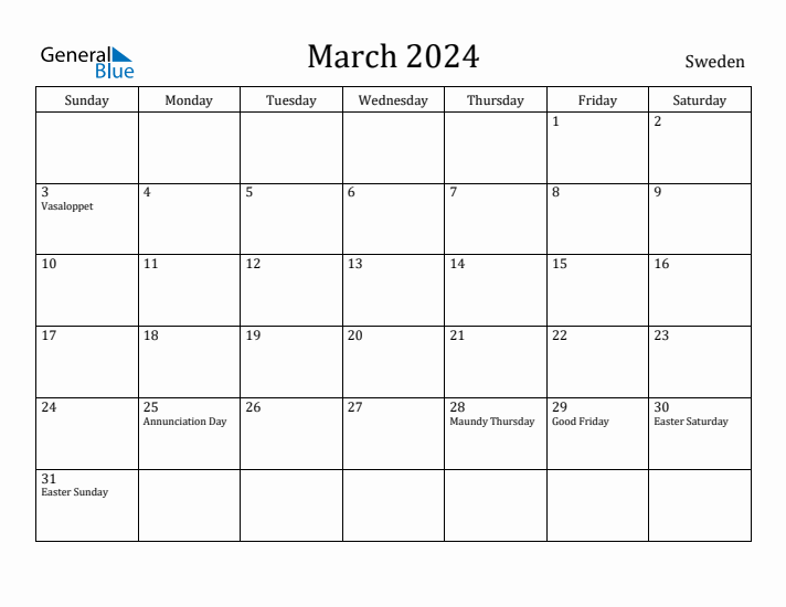 March 2024 Calendar Sweden