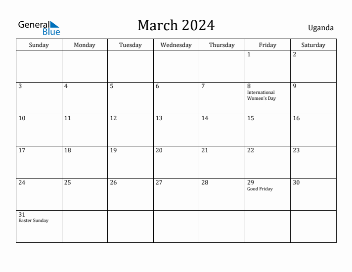 March 2024 Calendar Uganda