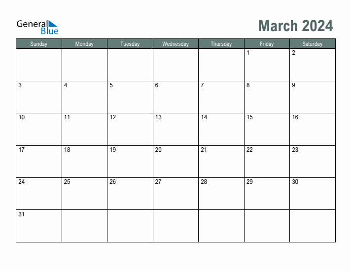 Free Printable March 2024 Calendar