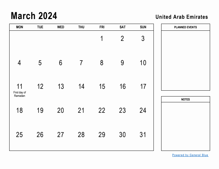 March 2024 Printable Monthly Calendar with United Arab Emirates Holidays