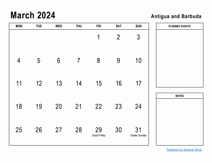 March 2024 Printable Monthly Calendar with Antigua and Barbuda Holidays