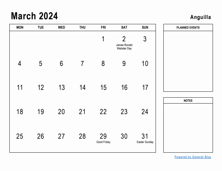 March 2024 Printable Monthly Calendar with Anguilla Holidays