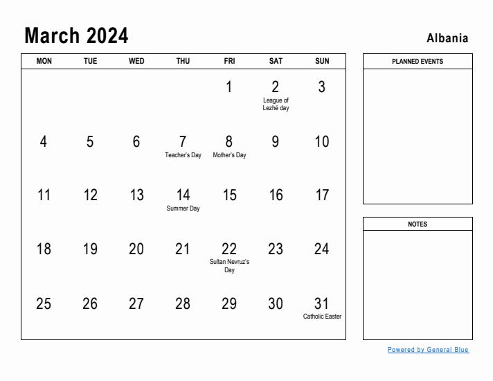 March 2024 Printable Monthly Calendar with Albania Holidays