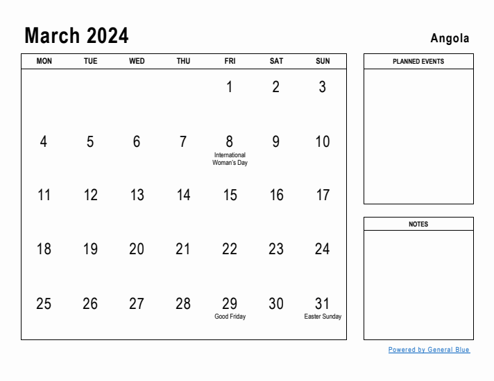 March 2024 Printable Monthly Calendar with Angola Holidays