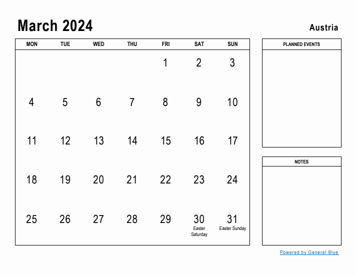 March 2024 Printable Monthly Calendar with Austria Holidays