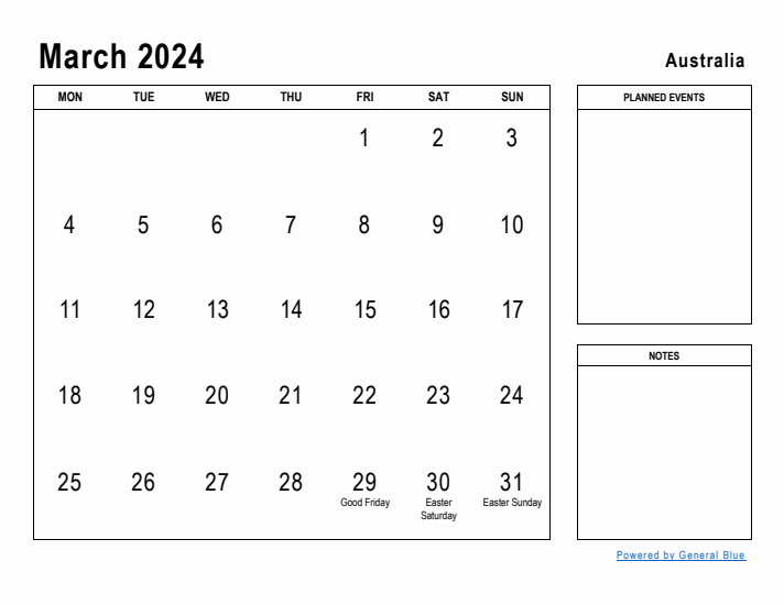 March 2024 Printable Monthly Calendar with Australia Holidays