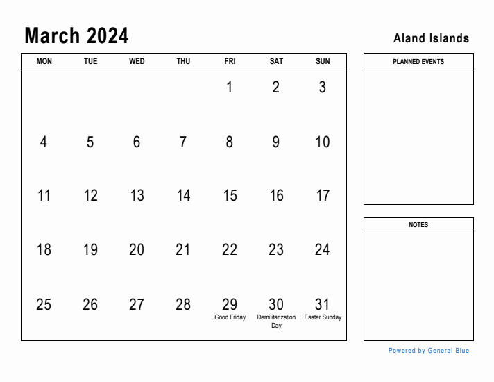 March 2024 Printable Monthly Calendar with Aland Islands Holidays