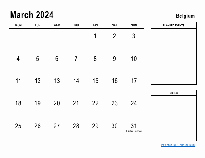 March 2024 Printable Monthly Calendar with Belgium Holidays