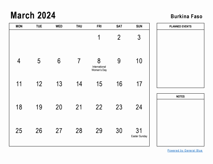 March 2024 Printable Monthly Calendar with Burkina Faso Holidays