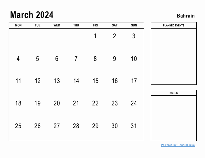 March 2024 Printable Monthly Calendar with Bahrain Holidays