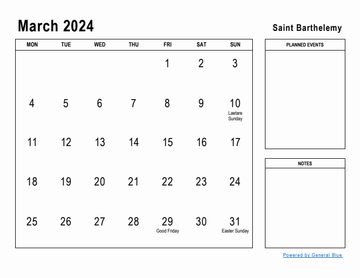 March 2024 Printable Monthly Calendar with Saint Barthelemy Holidays