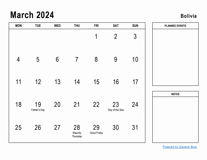 March 2024 Printable Monthly Calendar with Bolivia Holidays