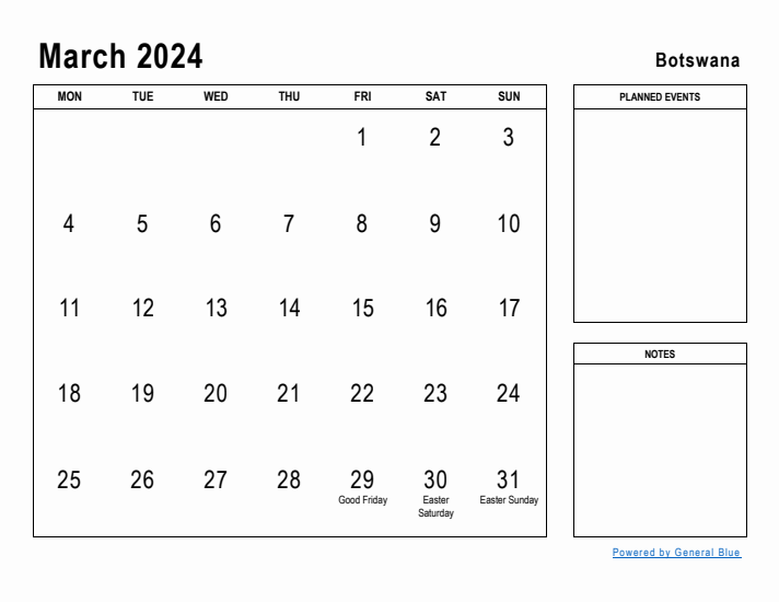 March 2024 Printable Monthly Calendar with Botswana Holidays