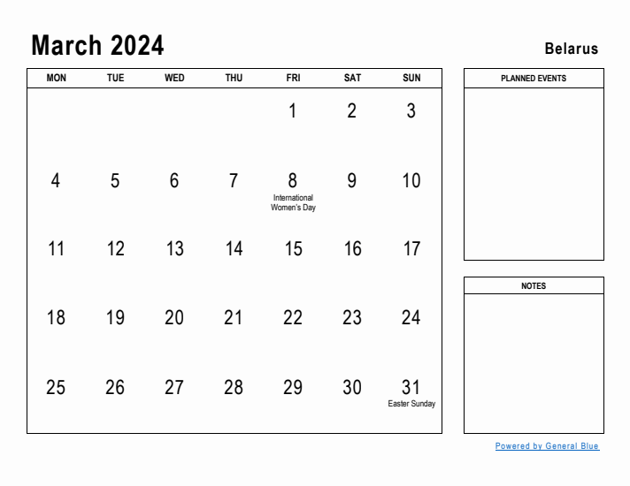 March 2024 Printable Monthly Calendar with Belarus Holidays