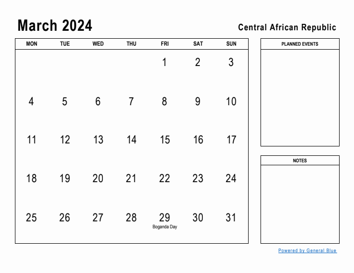 March 2024 Printable Monthly Calendar with Central African Republic Holidays