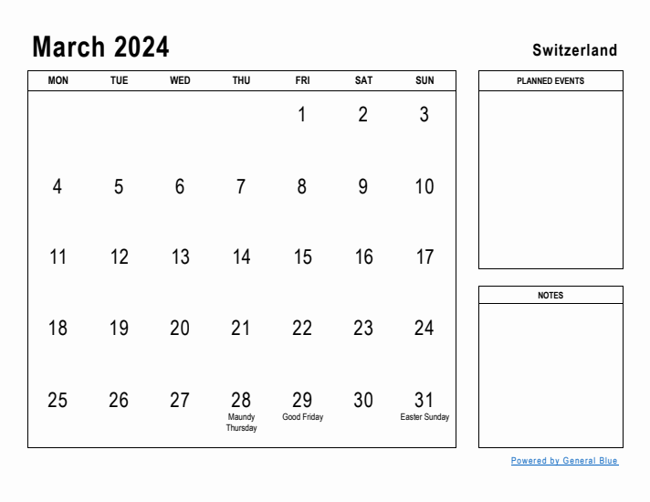 March 2024 Printable Monthly Calendar with Switzerland Holidays