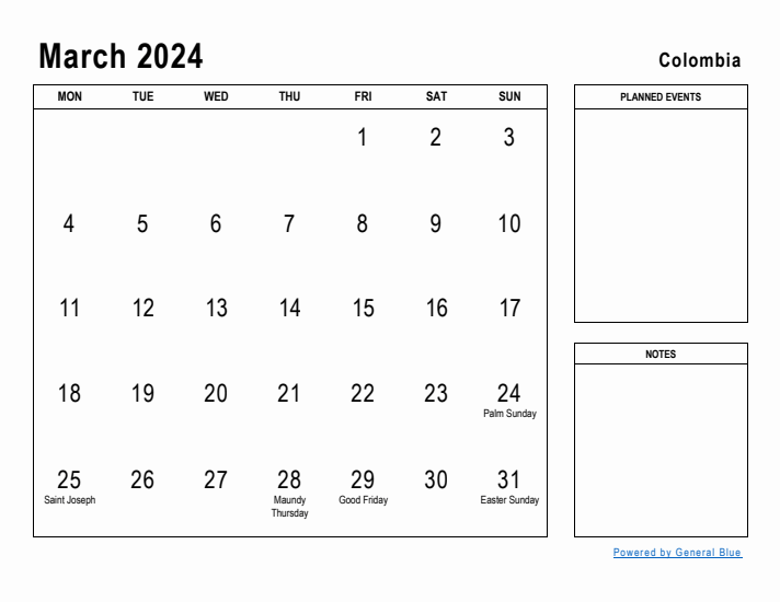 March 2024 Printable Monthly Calendar with Colombia Holidays