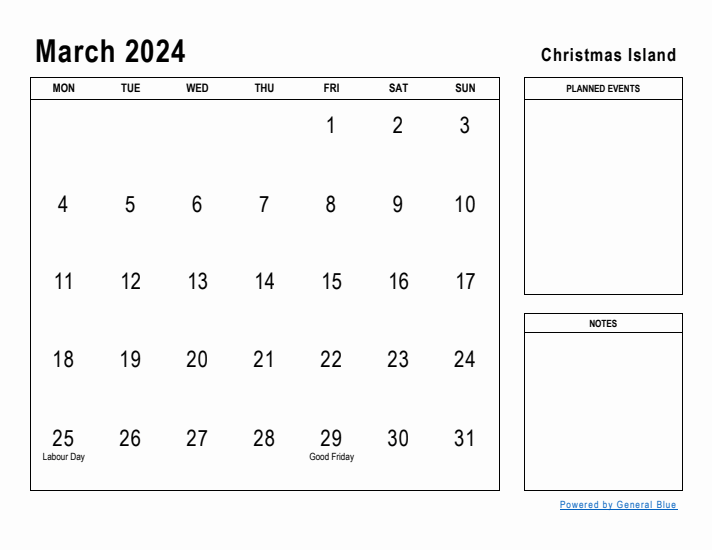 March 2024 Printable Monthly Calendar with Christmas Island Holidays