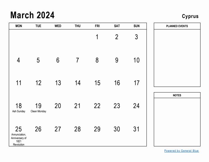 March 2024 Printable Monthly Calendar with Cyprus Holidays