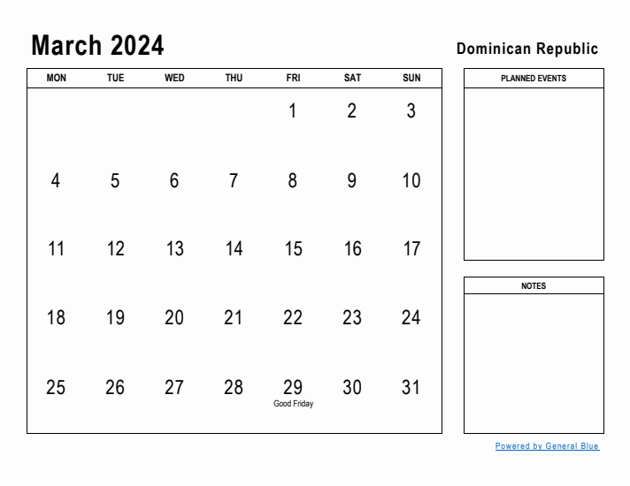 March 2024 Printable Monthly Calendar with Dominican Republic Holidays