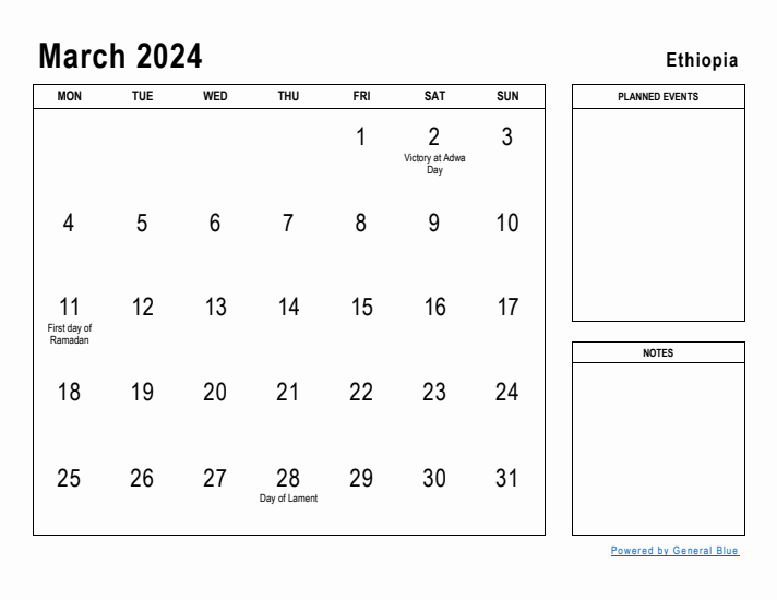 March 2024 Printable Monthly Calendar with Ethiopia Holidays