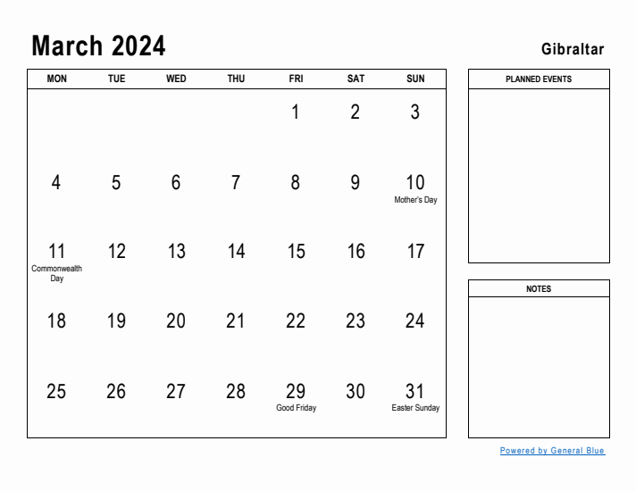 March 2024 Printable Monthly Calendar with Gibraltar Holidays