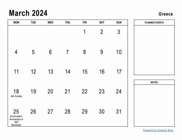 March 2024 Printable Monthly Calendar with Greece Holidays