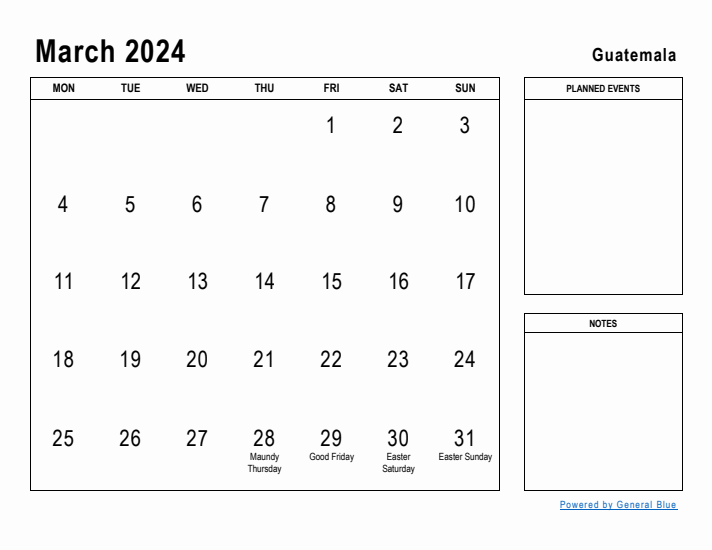 March 2024 Printable Monthly Calendar with Guatemala Holidays