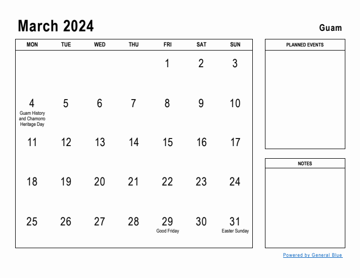 March 2024 Printable Monthly Calendar with Guam Holidays