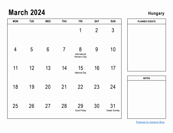 March 2024 Printable Monthly Calendar with Hungary Holidays