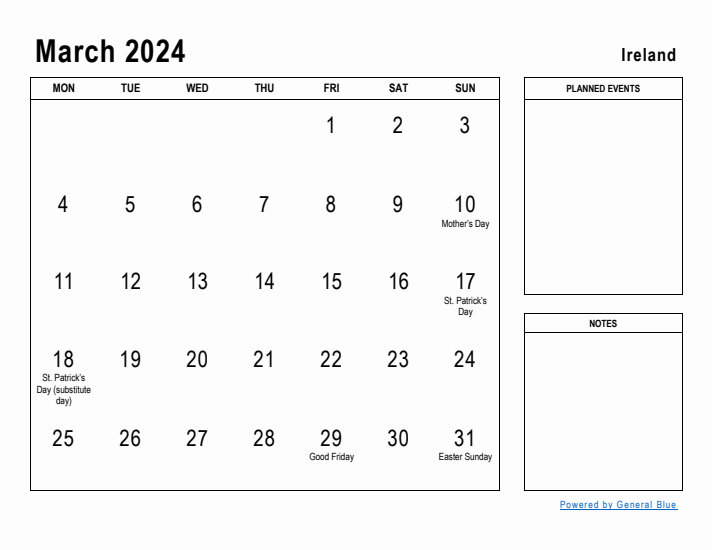 March 2024 Printable Monthly Calendar with Ireland Holidays