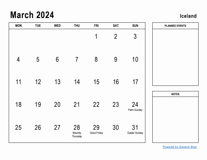 March 2024 Printable Monthly Calendar with Iceland Holidays