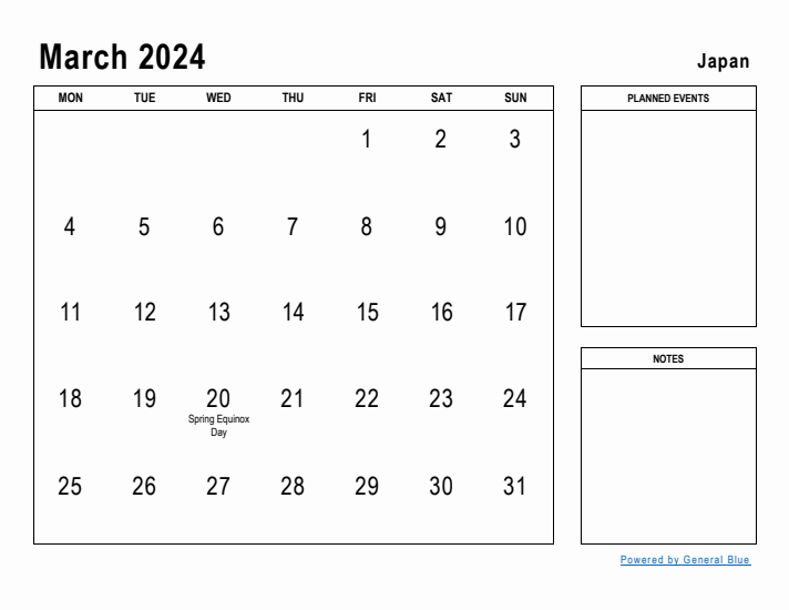 March 2024 Printable Monthly Calendar with Japan Holidays