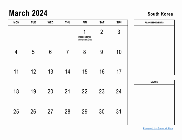 March 2024 Printable Monthly Calendar with South Korea Holidays